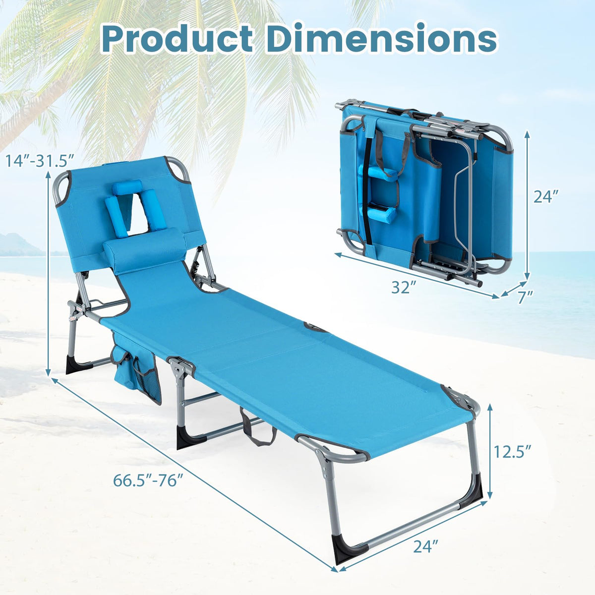 Costway tanning chair folds flat for compact transport.