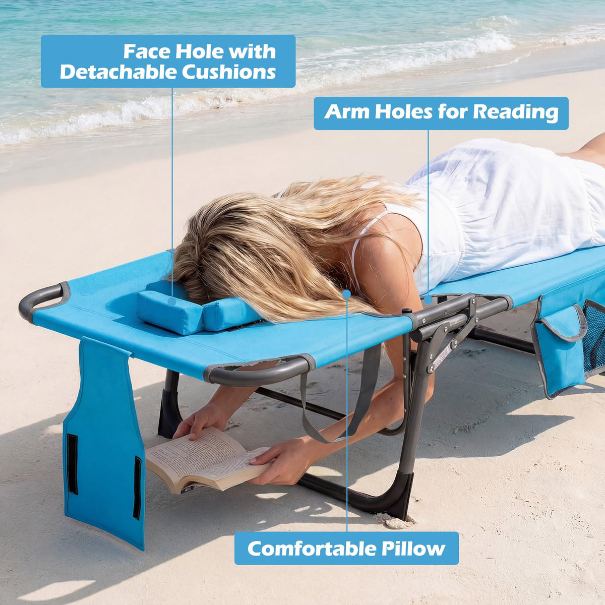 Costway tanning chair with storage pocket keeping essentials handy.