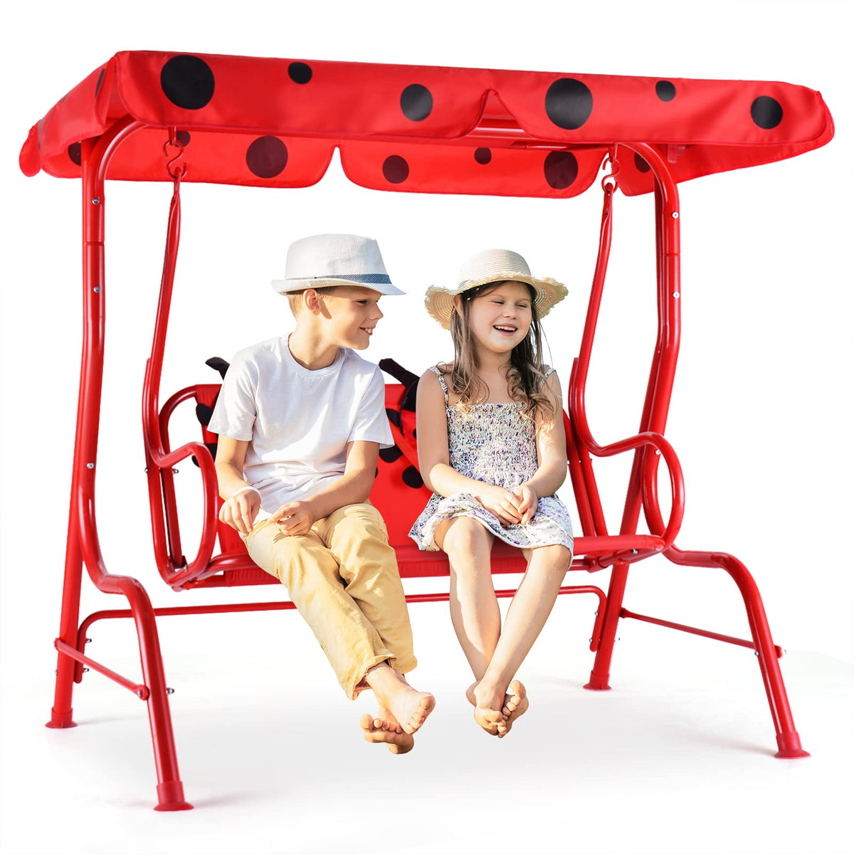 Costzon kids porch swing in red ladybug pattern for backyard shade and fun