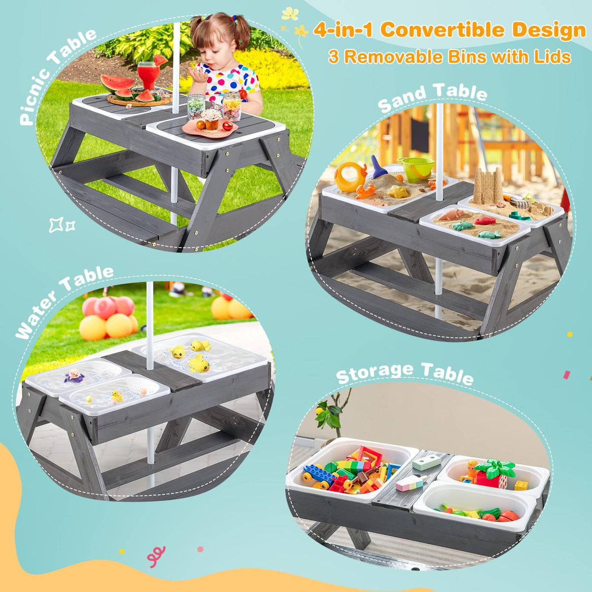 Costzon sand and water table with 3 removable bins for versatile play
