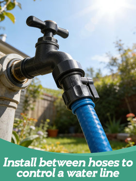 Cosweet valve demonstrates versatile placement between hose sections for irrigation control.
