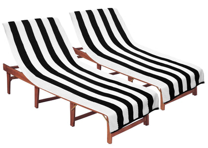 Cotton Craft beach lounge chair cover 2-pack with white waffle texture and black cabana stripes.