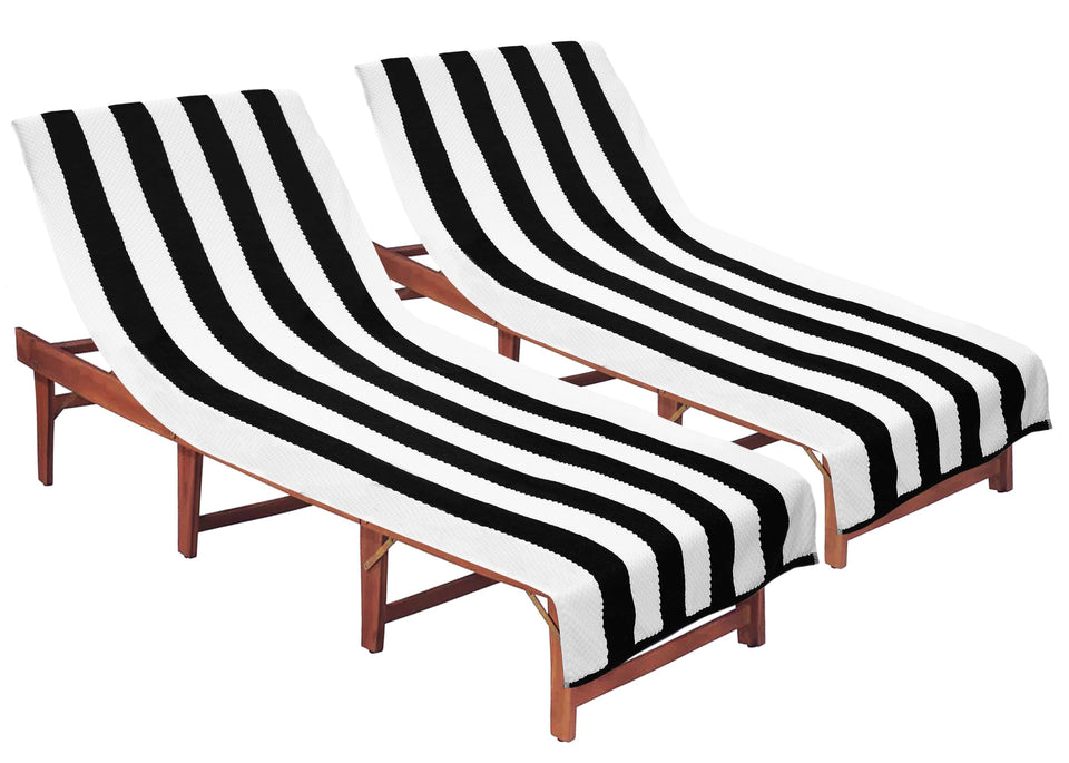Cotton Craft beach lounge chair cover 2-pack with white waffle texture and black cabana stripes.