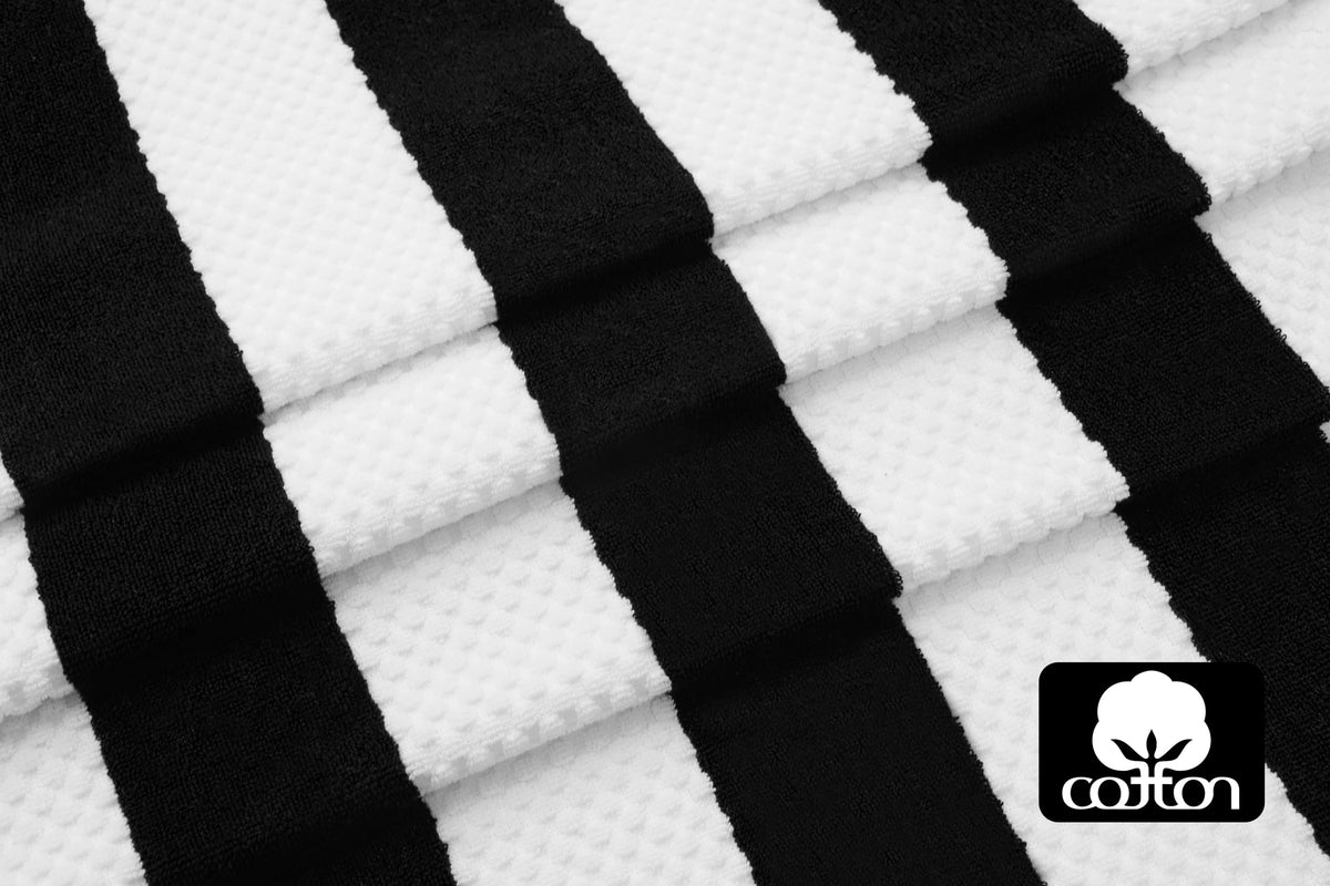 Cotton Craft black cabana stripes add timeless spa-style appeal.