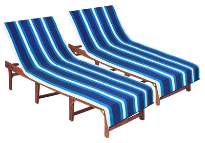 Cotton Craft pool lounge chair cover in blue stripes drapes smoothly for quick drying.