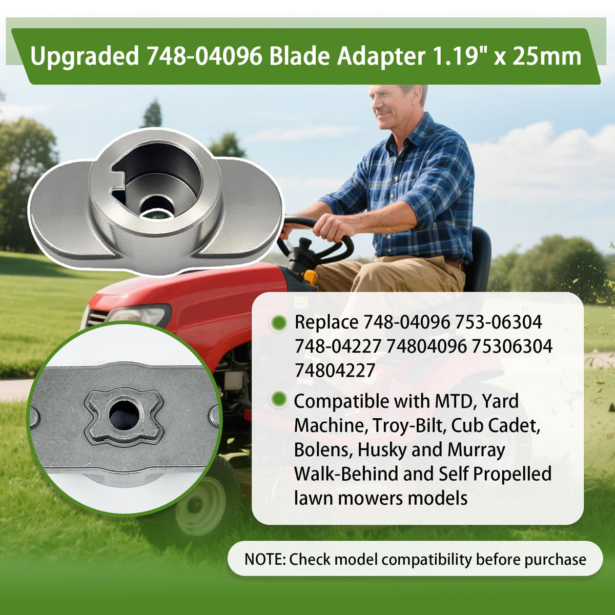Couhidu blade adapter shows compatibility across yard mower brands like MTD and Troy-Bilt.