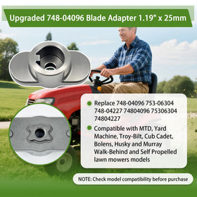 Couhidu blade adapter shows compatibility across yard mower brands like MTD and Troy-Bilt.