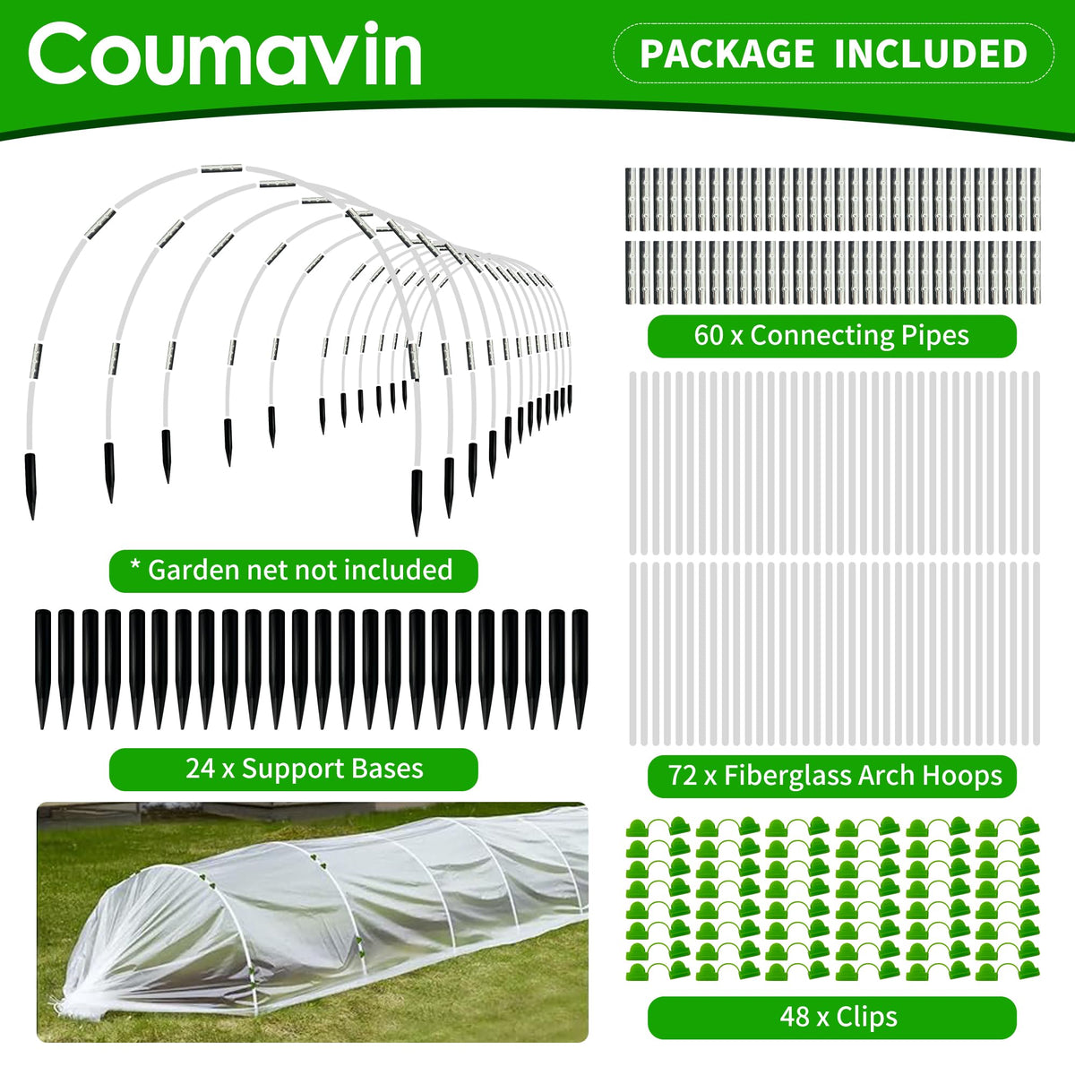 Coumavin 36 hoops included for versatile tunnel kits that fit raised beds.