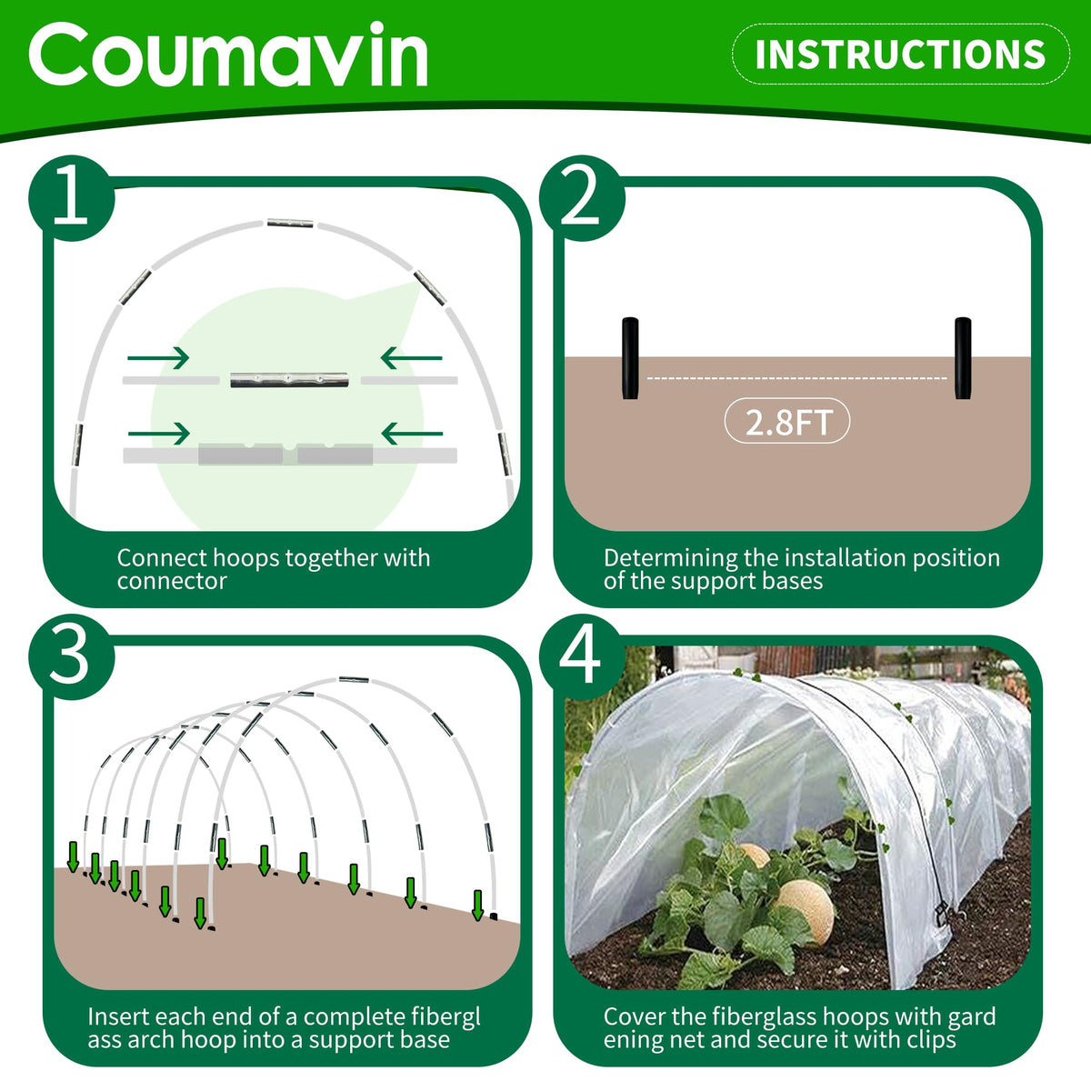 Coumavin support bases anchor hoops firmly into soil for steady structures.