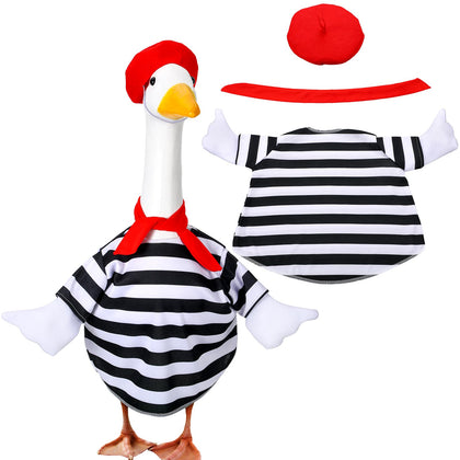 Coume goose outfit beret enhances lawn statue with French flair.