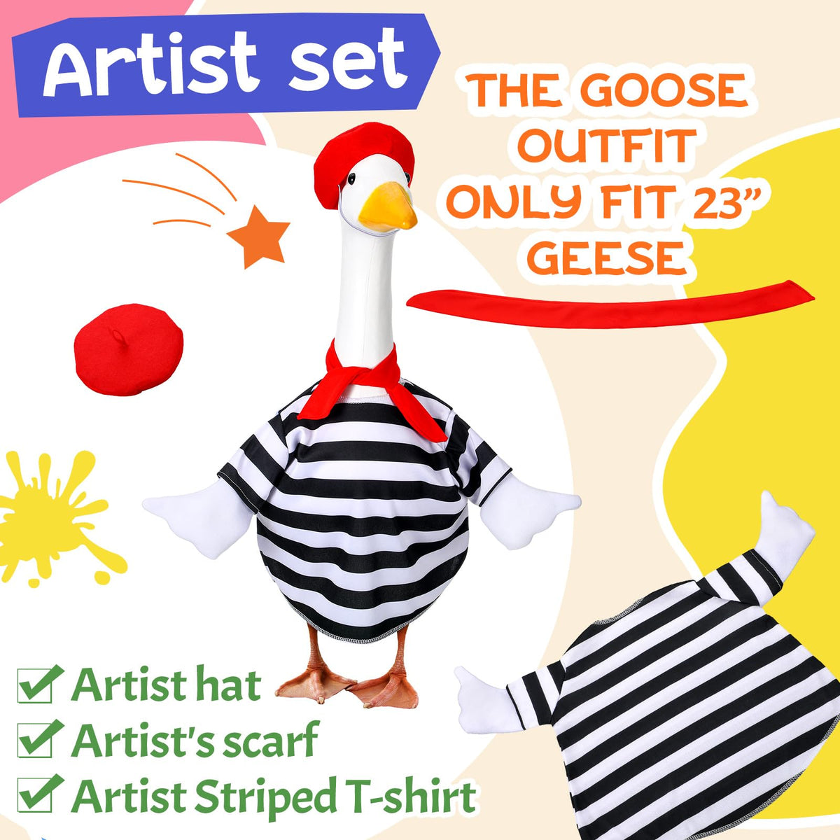Coume goose outfit black-and-white striped top with wing on statue.