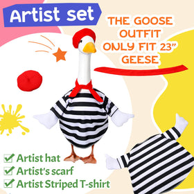 Coume goose outfit black-and-white striped top with wing on statue.