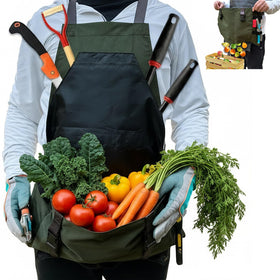 Cover Geny extra gardening apron with waterproof fabric and spacious harvest pocket.
