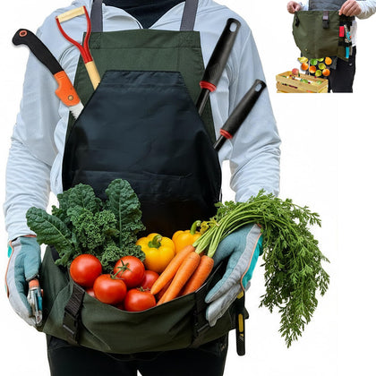 Cover Geny extra gardening apron with waterproof fabric and spacious harvest pocket.