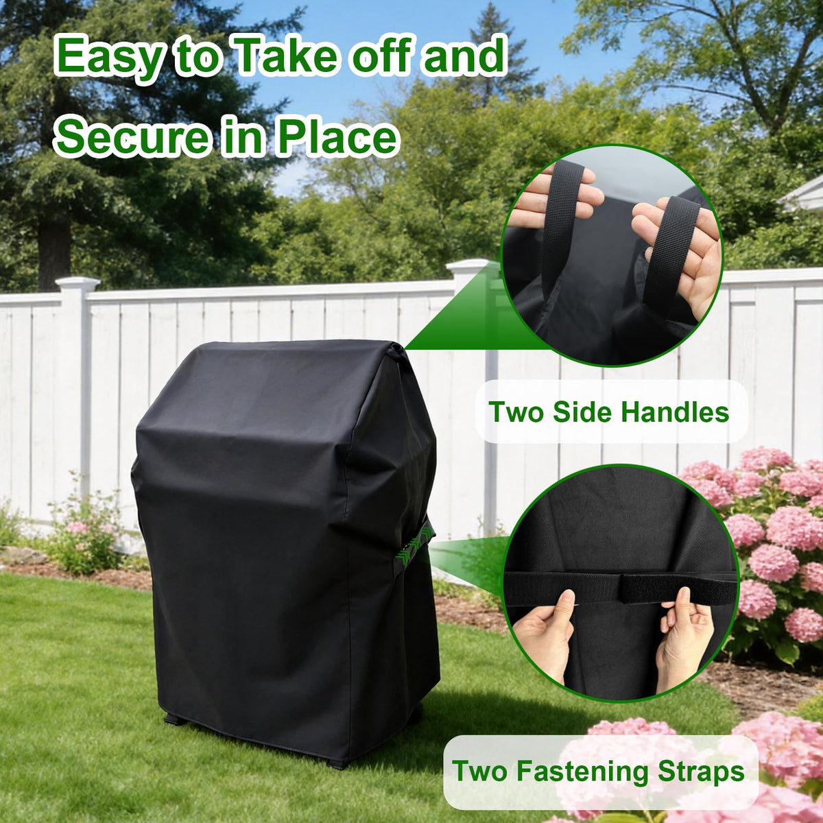 Cover Geny grill cover with adjustable side straps securing the fit.