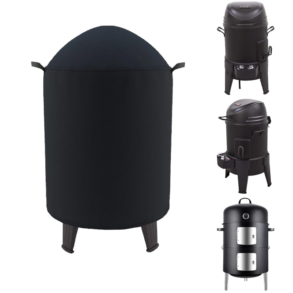 Cover Geny round smoker cover fitted to Grill Boss with wind straps for secure fit.