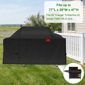 Cover Geny Traeger Timberline XL side view showing snug silhouette against windy conditions.
