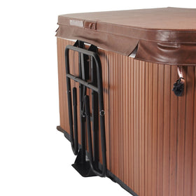 Under-mount aluminum caddy fits diverse spa shapes