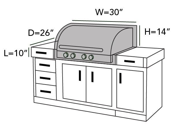 Covermates Classic built-in grill cover side view on grill showing secure fit with elastic hem