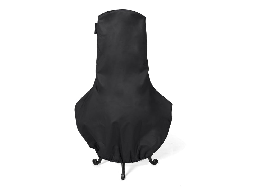 Covermates Classic Chiminea Cover on a 28-diameter, 48-height chiminea, protects from rain and debris.