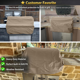 Covers & All 2-year warranty label on beige grill cover