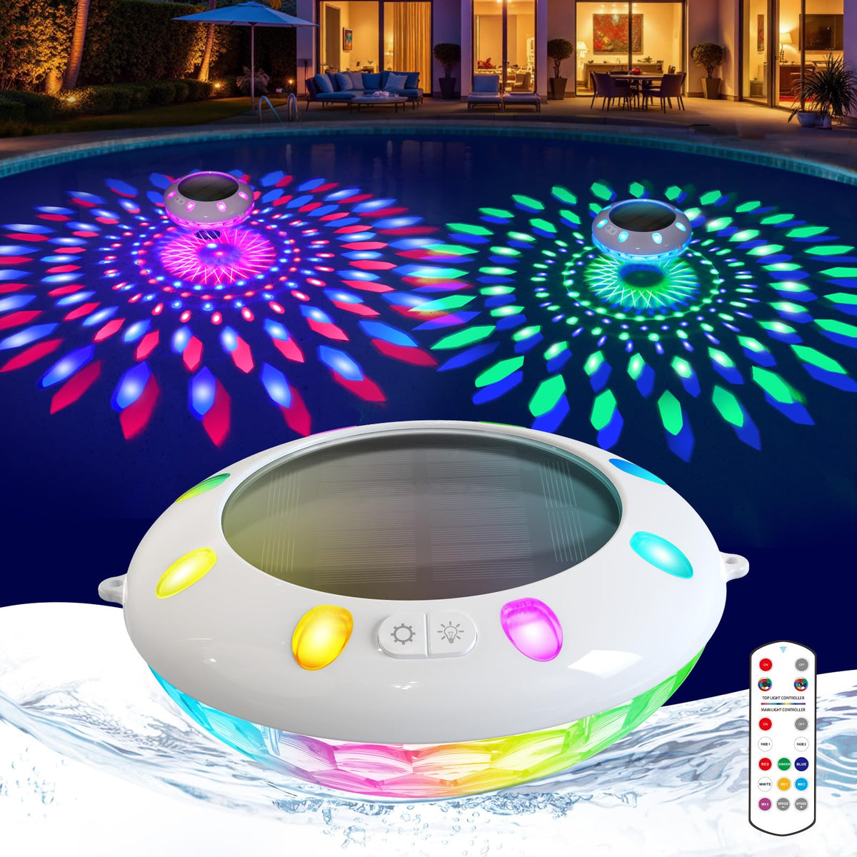 Covfirst remote-controlled solar floating pool light creates dynamic color ambiance