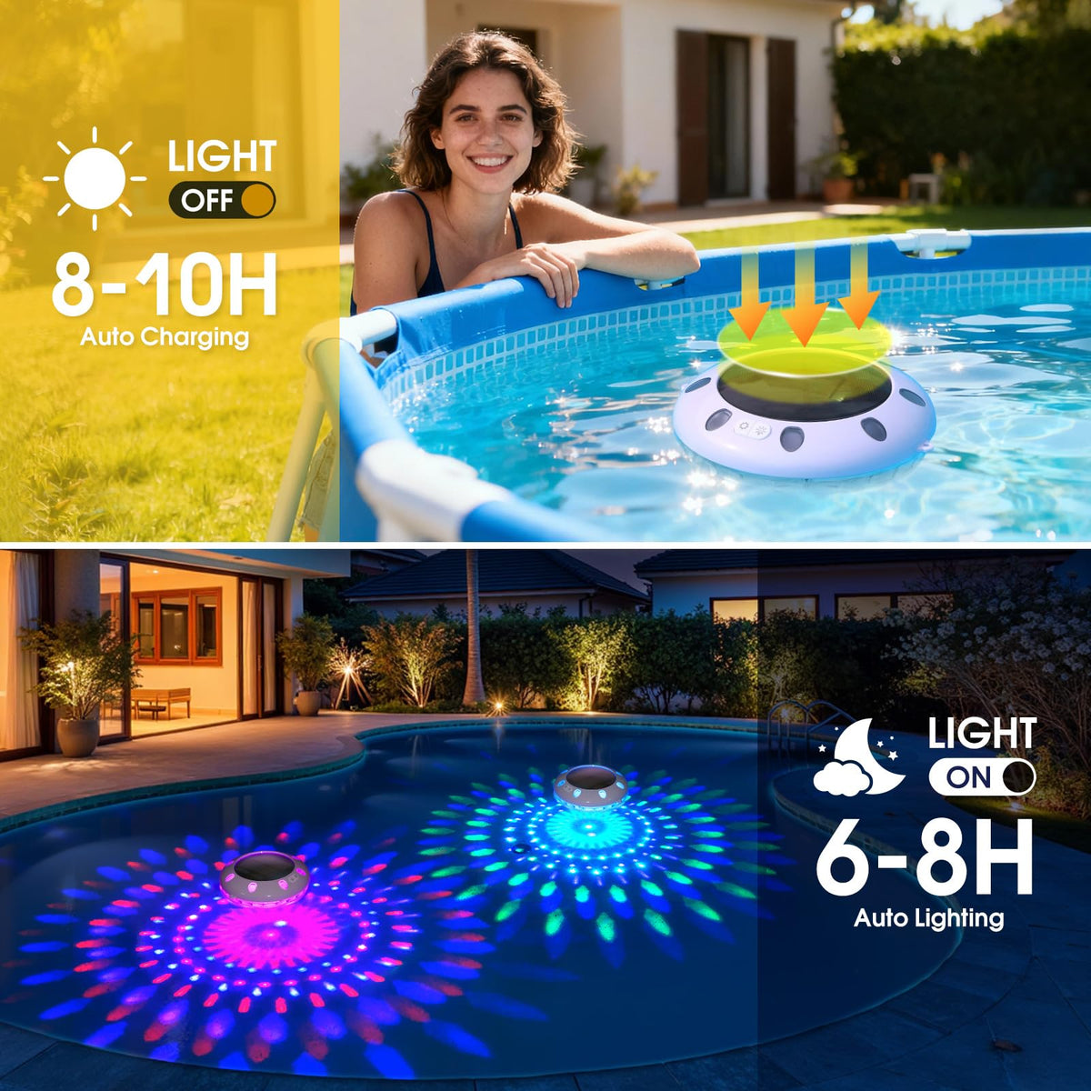 Covfirst solar pool light glows underwater in bright RGB colors