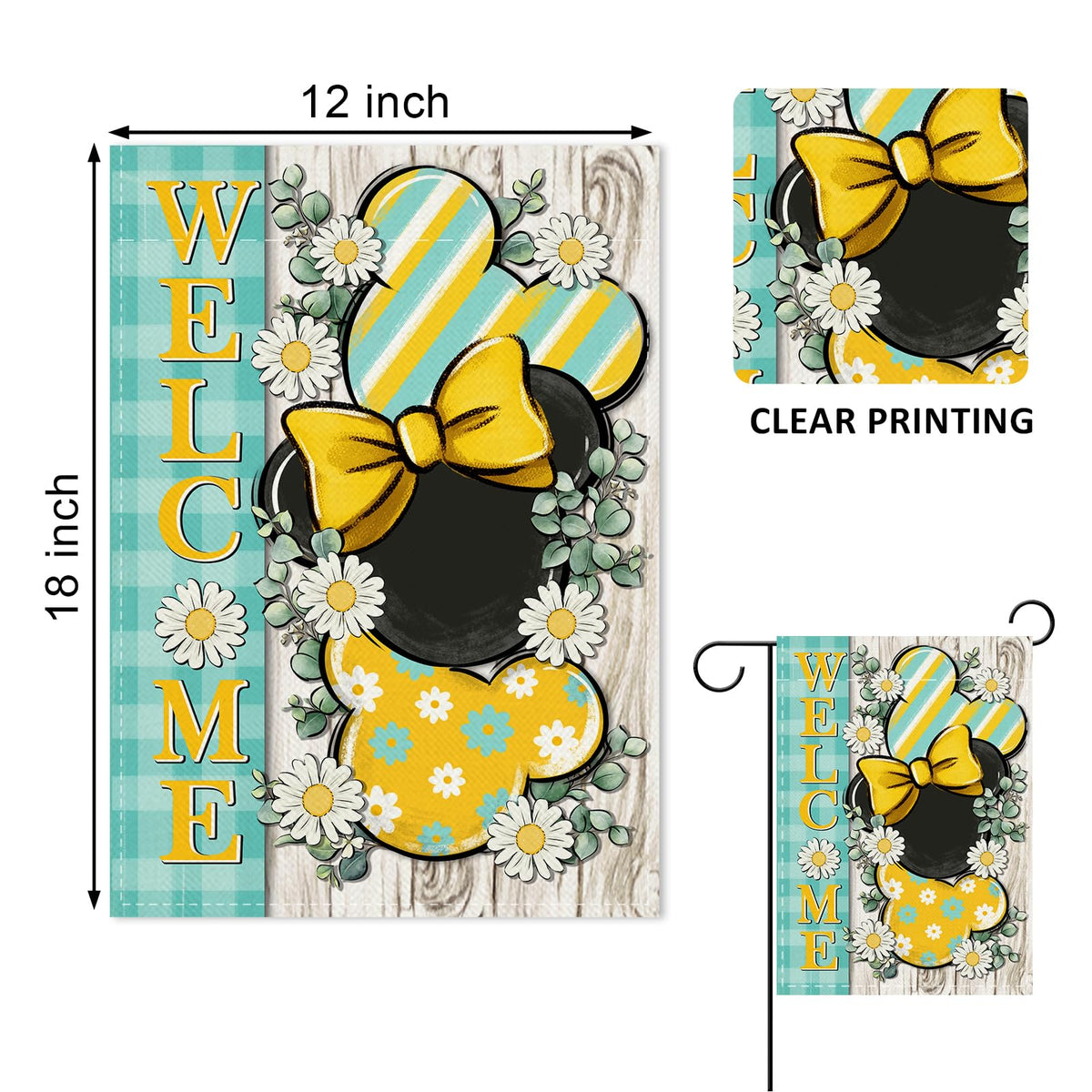 Covido daisy flower flag in yellow-teal tones enhances curb appeal.