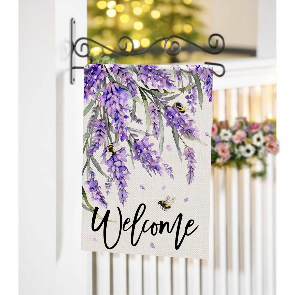Covido decorative garden flag on patio adds farmhouse charm