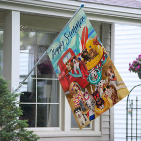 Covido double-sided flag close-up showing correct imagery from both sides.