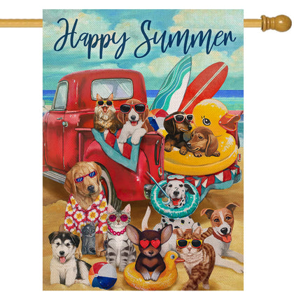 Covido Happy Summer Red Truck Dog flag hanging on porch for coastal charm.