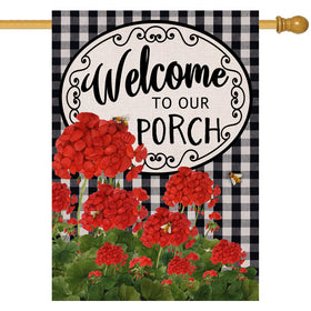 Covido Home porch flag with geranium blooms on buffalo plaid for outdoor color