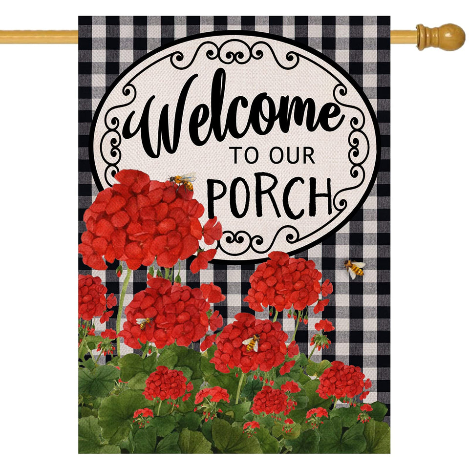 Covido Home porch flag with geranium blooms on buffalo plaid for outdoor color