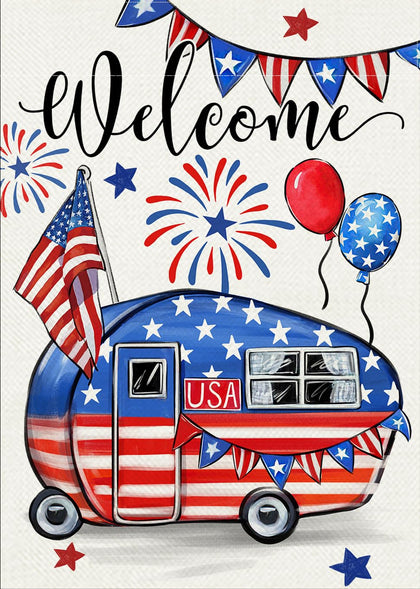 Covido Welcome 4th of July flag, double-sided for outdoor visibility from both directions.