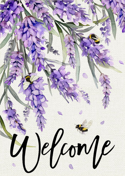 Covido welcome spring lavender flag front view for eye-catching yard decor