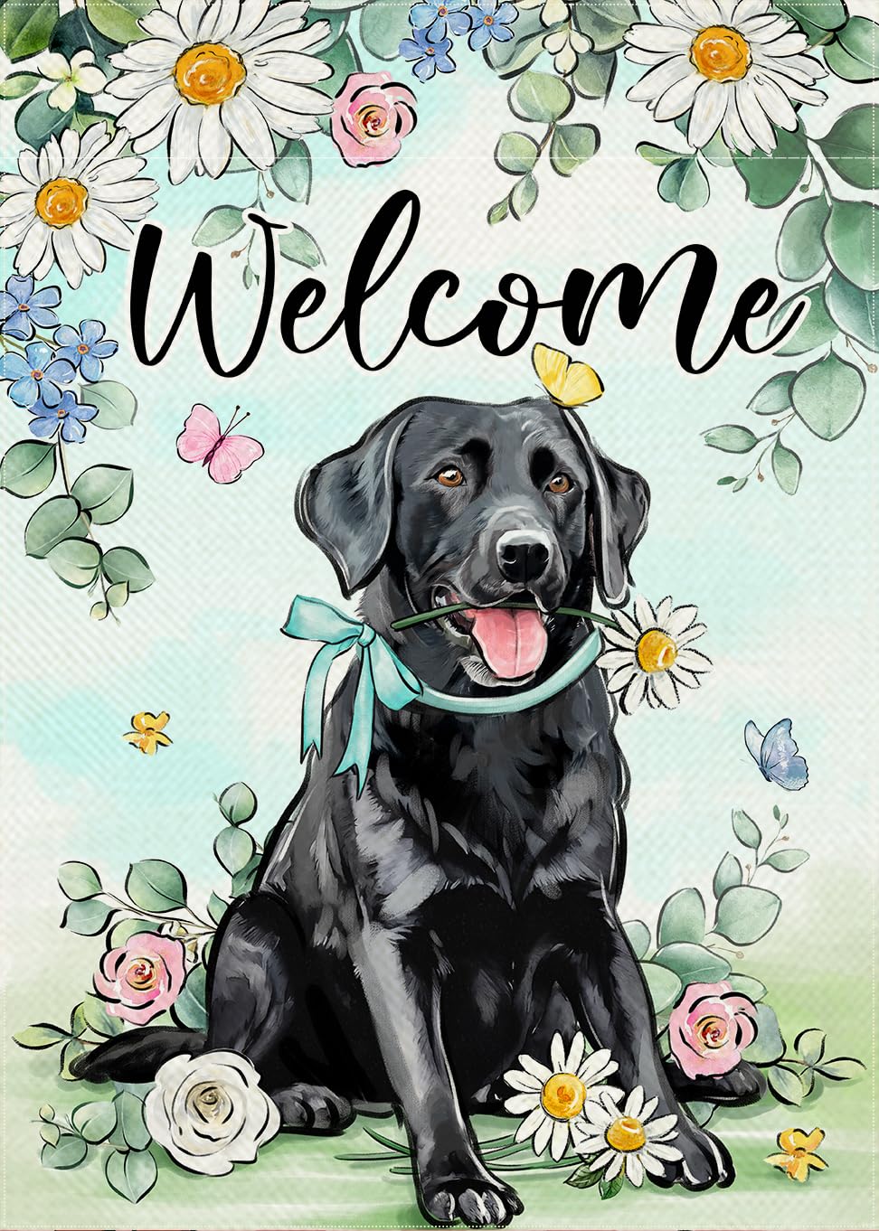 Covido Welcome Spring flag with black Labrador and daisies enhances porch curb appeal