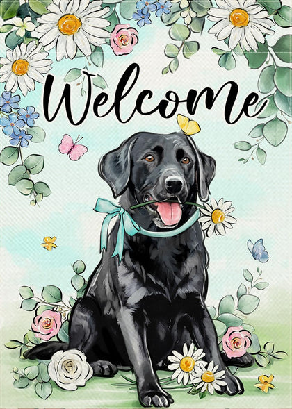 Covido Welcome Spring flag with black Labrador and daisies enhances porch curb appeal