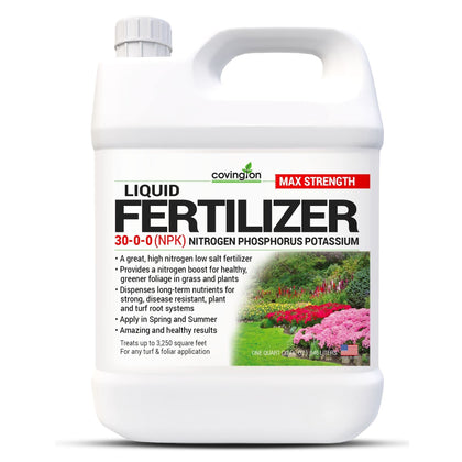 Covington Naturals 30-0-0 fertilizer bottle ready to energize lawns.