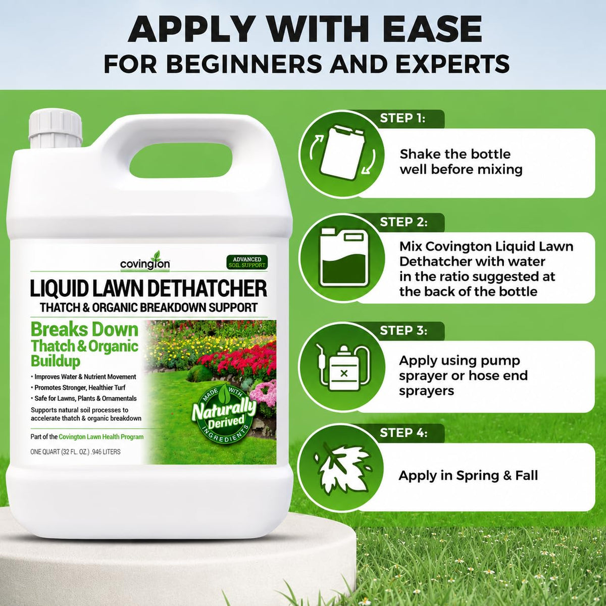 Covington Naturals Liquid Lawn Dethatcher application demonstrates thatch loosening for healthier roots.
