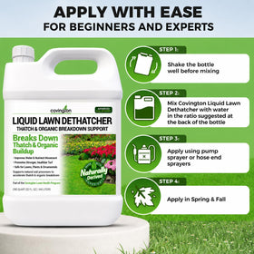 Covington Naturals Liquid Lawn Dethatcher application demonstrates thatch loosening for healthier roots.