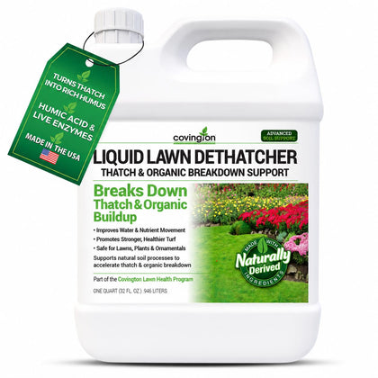 Covington Naturals Liquid Lawn Dethatcher bottle ready for easy application to improve soil aeration.