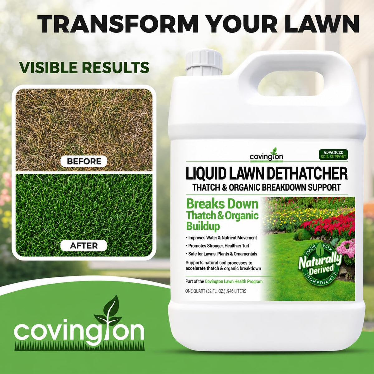 Covington Naturals Liquid Lawn Dethatcher label close-up showing ingredients and usage.