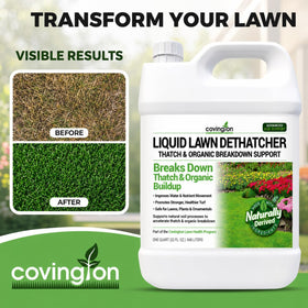 Covington Naturals Liquid Lawn Dethatcher label close-up showing ingredients and usage.