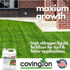 Covington Naturals low-salt lawn fertilizer label signals safe feeding.
