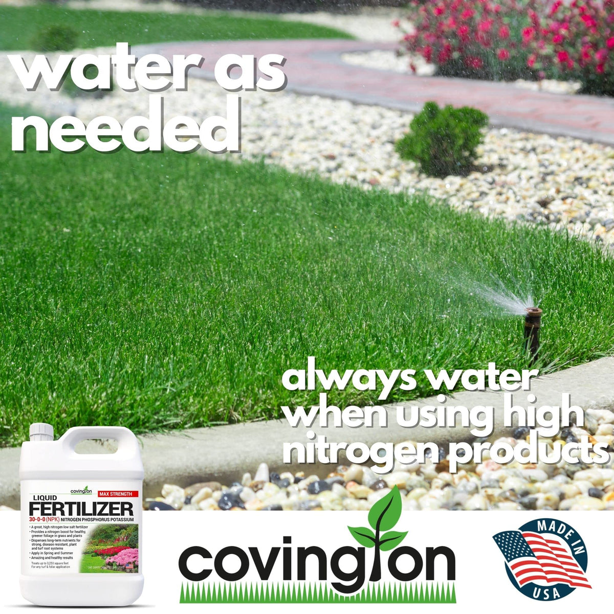 Covington Naturals turf application with hose-end sprayer for easy coverage.
