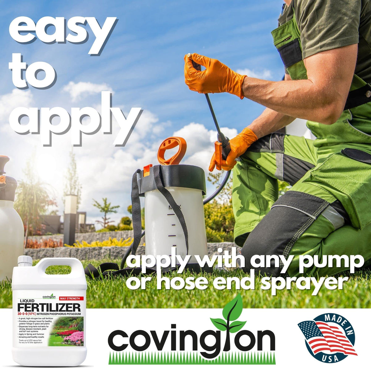 Covington Naturals USA-made fertilizer label highlights quality lawn feeding.