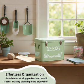 Covzoe seed container 3 compartments suited for shelf storage.