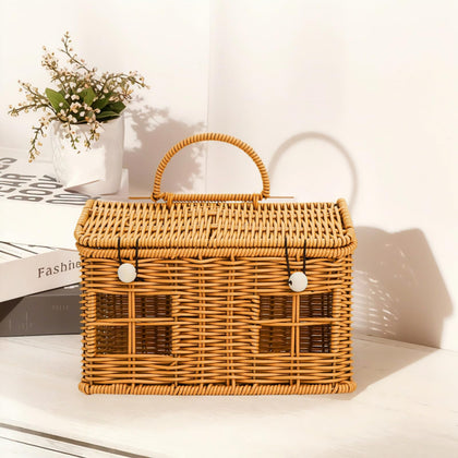 Covzoe small rattan house basket with lid for neat storage and display