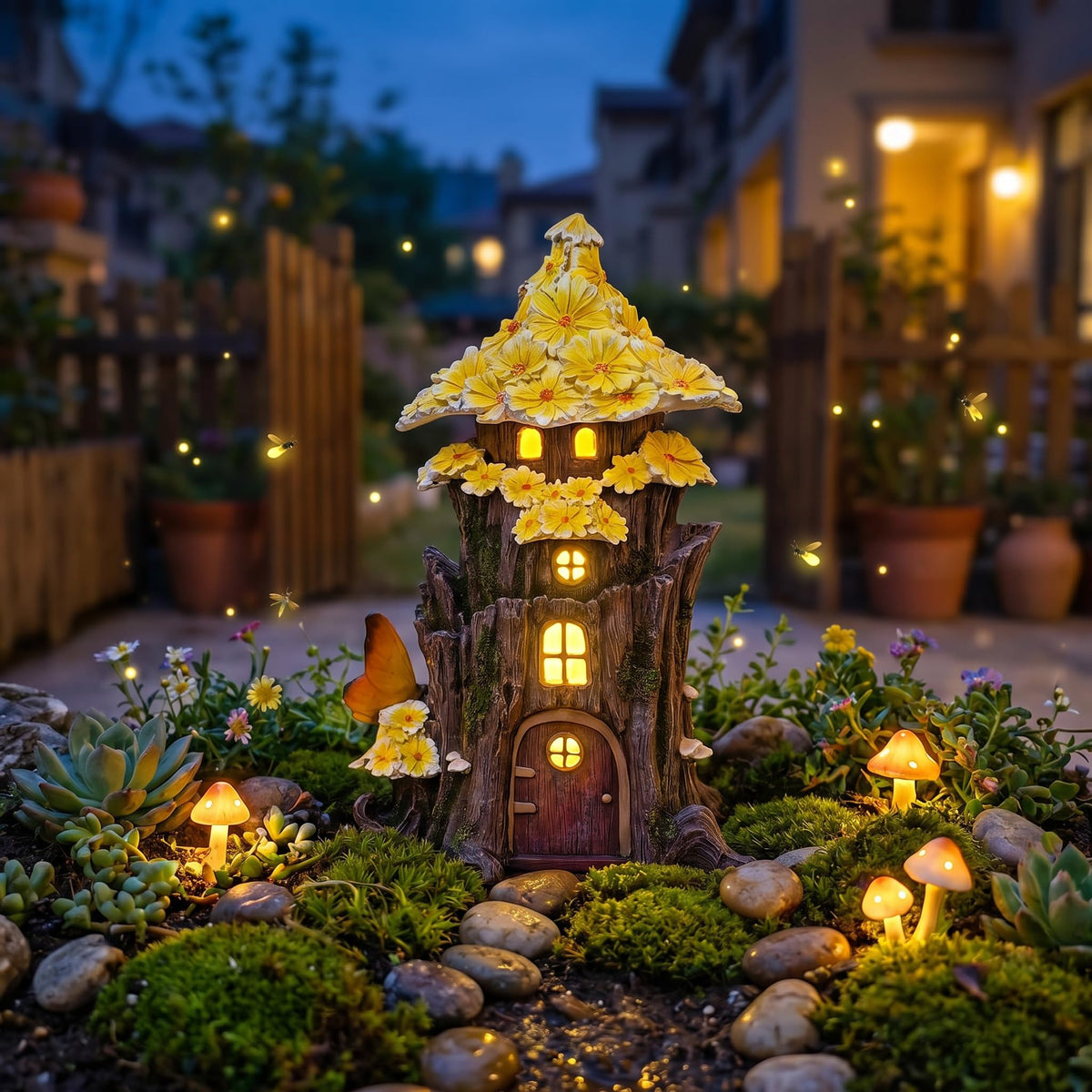 COWOS Solar Fairy House butterflies and flowers evoke fairy tale vibes.