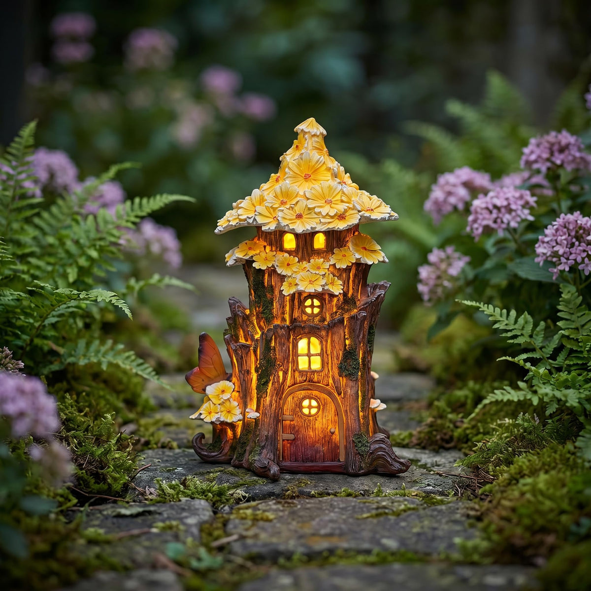 COWOS Solar Fairy House garden decor beside pond or path.